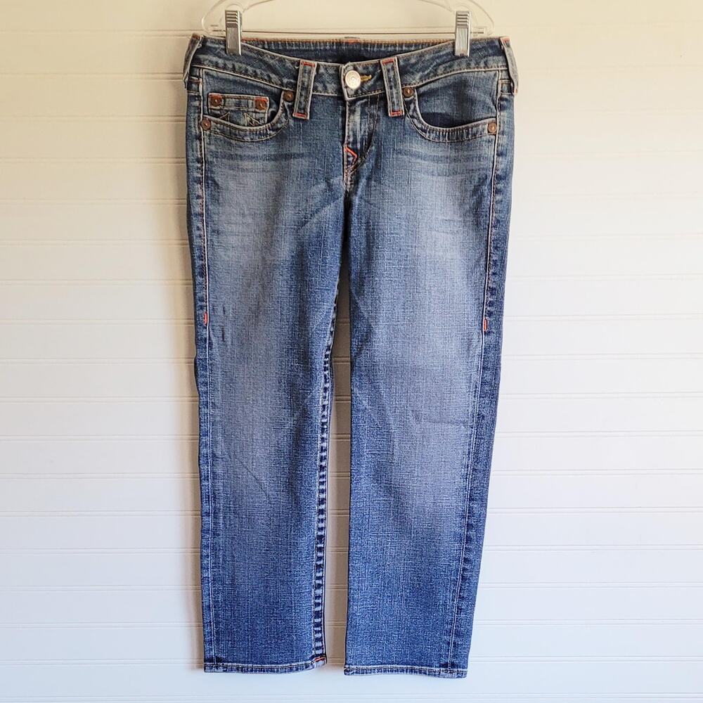 True Religion Kate Crop Jeans Womens Size 29 Blue Medium Wash Capri Made in USA